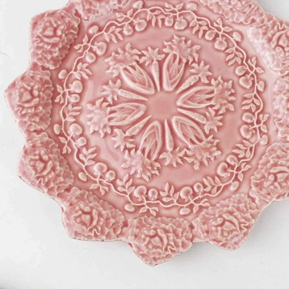 Pink Ceramic Majolica Spring Motif Plate by Rafael Bordallo Pinheiro, Portugal